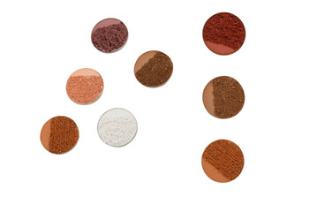 Eyeshadow crushed palette, colorful eye shadow powder isolated on a white background.