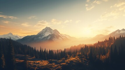 Golden hour scenery. majestic summer mountains drenched in the warm glow of the setting sun - obrazy, fototapety, plakaty