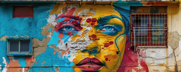 Colorful street art on urban building facade