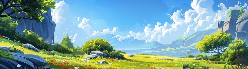 A summer valley with flowers and trees. Panoramic drawing - obrazy, fototapety, plakaty