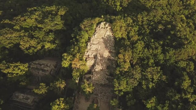 Aerial view of Mayan Pyramid in the middle of the Jungle, its part of the Coba Ruins in Tulum, Riviera Maya, Mexico
