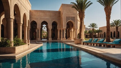 Obraz na płótnie Canvas getaway destination of luxury resort hotel or palace garden landscaping design with arcade arcs and pool water feature for Arabia classic exotic tourism architecture design as wide banner