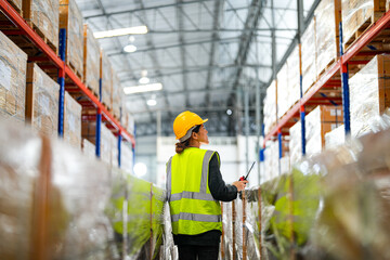 operation worker woman checking and inspecting cargo for stack items for shipping. Staff checking...