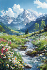 Fototapeta premium Idyllic Alpine Landscape with Blooming Meadow and Mountain Stream