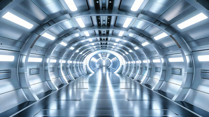 Modern Futuristic Tunnel: Illuminated Corridor with Blue Lights, Reflecting Advanced Technology and Urban Architecture