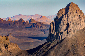 Hoggar landscape in the Sahara desert, Algeria. A view of the mountains and basalt organs that...