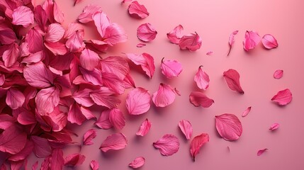 Beautiful image of pink hydrangea petals scattered on a plain pink background with soft lighting