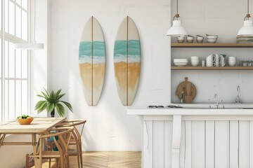 A kitchen room decorated with three surfboards hung vertically on a white horizontal ship lack wall. - obrazy, fototapety, plakaty