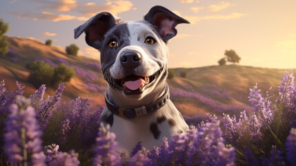 A playful pooch, leash in jaws, seated on a serene lavender backdrop, eyes gleaming with the thrill...