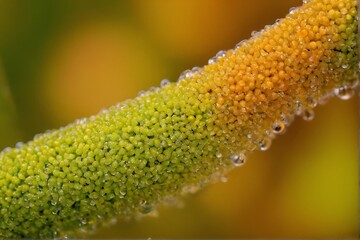 close-up of a dew-covered plant stem with green and yellow pollen grains
