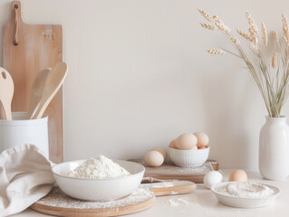 Fototapeta na wymiar Serene Kitchen Scene with Fresh Eggs and Flour on Wooden Counter