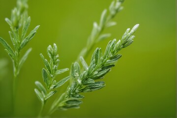 close-up of green herb sprigs with soft green background
