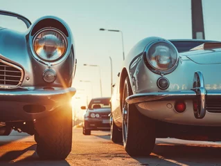 Deurstickers Classic Cars Basking in Golden Sunset Light on City Street © artem