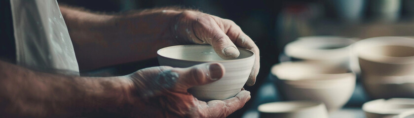 Potter inspecting ceramics, perfection in every angle - Cinematic, close-up - Powered by Adobe