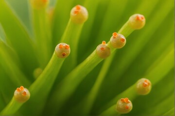 close-up of orange-tipped green flower pistils
