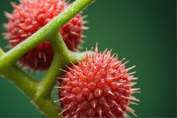 close-up of red spiky fruits on a green stem
