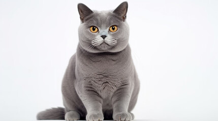 A regal blue British Shorthair cat, sitting upright, eyes fixed on the camera, against a stark white backdrop, exuding elegance.