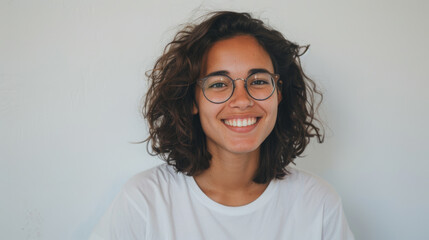 young woman with curly hair and glasses is smiling directly at the camera against a plain white background.