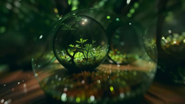 A captivating VJ loop showcasing a crystal ball with a growing tree inside, surrounded by green moss and a forest background. The animation features an approaching crystal ball and the magical growth