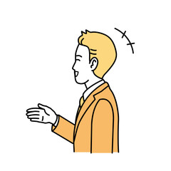 笑顔で話す会社員の男性、ビジネスマン　横向き