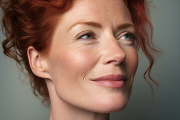 Face of beautiful smiling middle aged woman with freckles and red hair