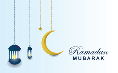 Ramadan Mubarak greeting background with crescent moon, lantern, star