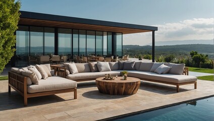 luxury outdoor seating area lounge or terrace with nature panoramic view, fancy modern contemporary architectural landscape decor and real estate design or for holiday relaxation and getaway resorts