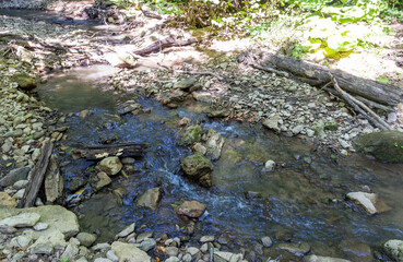 walking along the bed of a mountain river with a visit to unexplored places and sources of drinking water