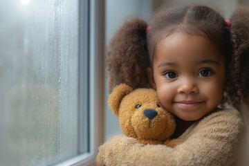 Young smilimg little girl stands next to the window at home hugging a teddy bear