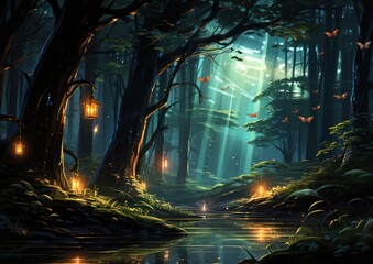 A forest scene with a river flowing through it, illuminated by lanterns