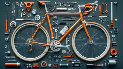 Top view of bicycle and parts of it. Bicycle and parts to it, layout. Beautiful illustration picture. Generative AI