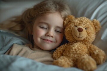 Young Caucasian girl laying in intensive care unit in a hospital holding a teddy bear
