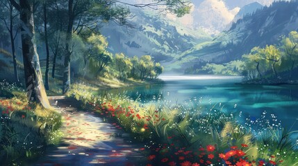 An illustration of a serene lake surrounded by lush mountains, with a path adorned with wildflowers leading towards the water