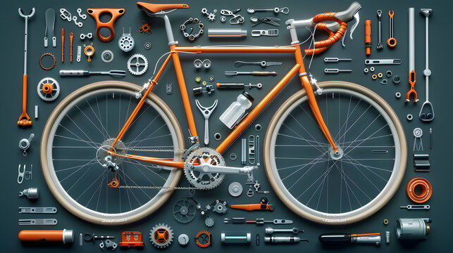 Top view of bicycle and parts of it. Bicycle and parts to it, layout. Beautiful illustration picture. Generative AI