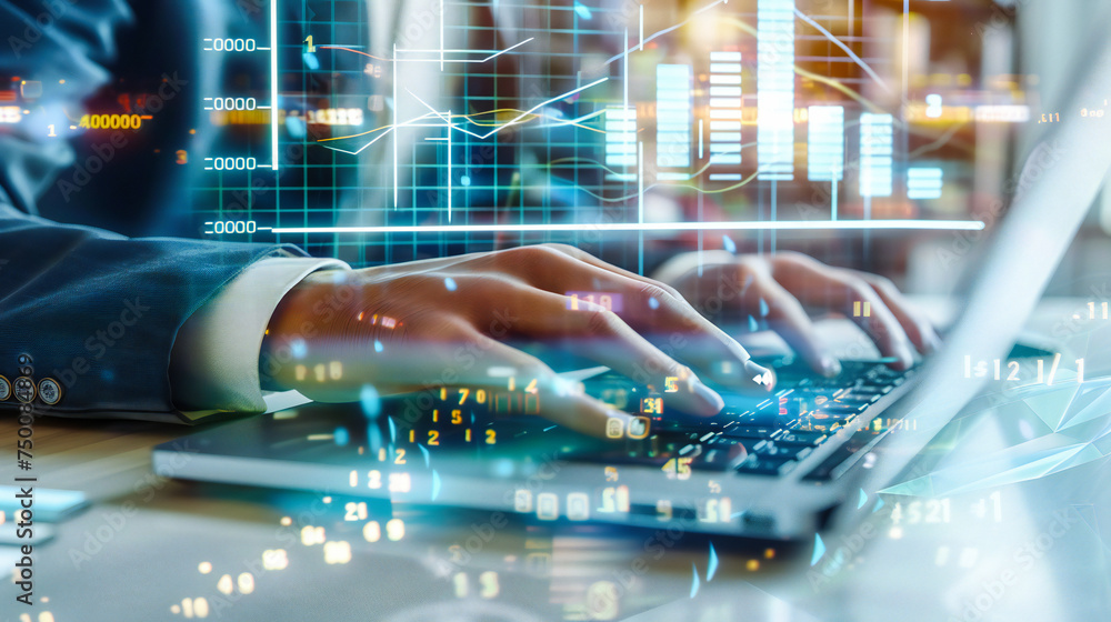 Poster modern business and finance technology, man typing on laptop with digital data and network connectio