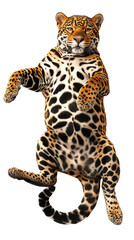 A jaguar is laying on its back isolated on white or transparent background, png clipart, design element. Easy to place on any other background.