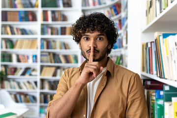 A young adult male with curly hair placing a finger on his lips, signaling quietness amidst a...