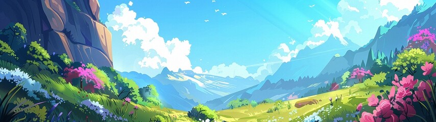 A summer valley with flowers and trees. Panoramic drawing