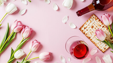 Jewish holiday Passover, Passover celebrations, traditional kosher food. Matzo, red kosher wine, beautiful spring tulips, purple pastel simple background, top view