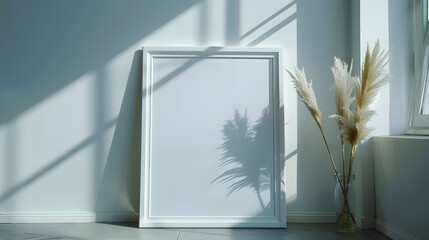A rectangular white picture frame hangs on a white wall beside a vase of pampas grass. The wood frame complements the natural plant beautifully