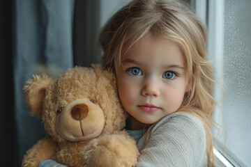 Young unhappy little girl stands next to the window at home hugging a teddy bear