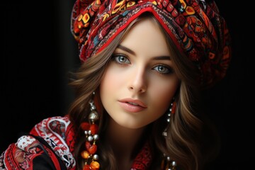 Obraz premium A woman adorned in a red headdress and ornate jewelry