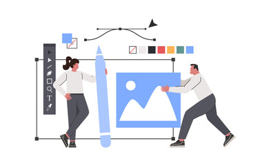 Designer illustrators working in graphic design software. Creative process of making vector illustration for web ui design. Creative agency. Flat vector illustration.