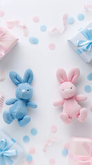 gender party. boy or girl. two rabbits blue and pink, celebration concept when the gender of the child becomes known. vertical invitation card