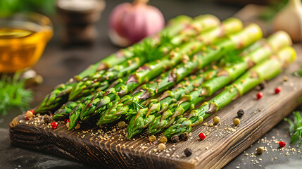 Bunch of fresh asparagus on wooden table