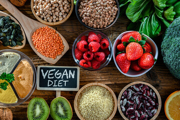 Food products representing the vegan diet. Veganism