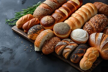 Bread, buns, loaves, rolls on black background, assortment of different types of fresh breads on dark wooden board from above, text copy space, top view, flat lay, concept of breakfast