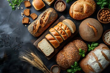 Bread, buns, loaves, rolls on black background, assortment of different types of fresh breads on dark wooden board from above, text copy space, top view, flat lay, concept of breakfast