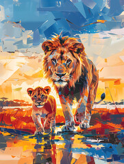 a mother and baby Lion walking together in south Africa safari landscape at sunset. - Illustration on a white background. 
