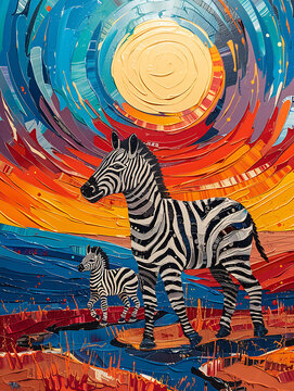 a mother and baby Zebra walking together in south Africa safari landscape at sunset. - Illustration on a white background. 